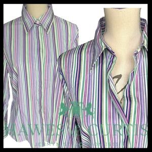 Hawes & Curtis Purple/White/Green Striped Cotton Stretch French Cuff Shirt (12)